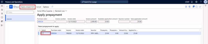 Apply prepayment page with the Apply prepayment menu expanded and the prepayment line selected.