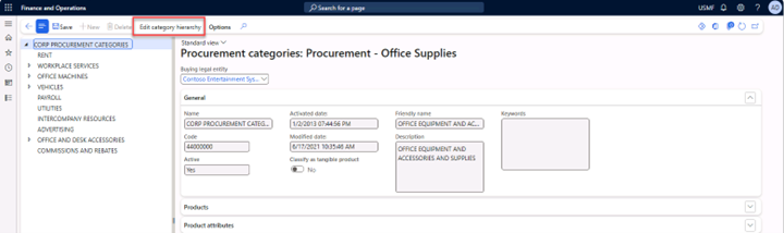 Procurement categories page with the menu Edit category hierarchy expanded to edit the procurement category.