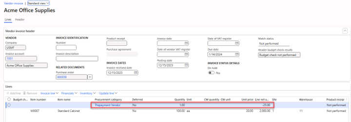 Invoice page with the applied prepayment.