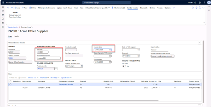 Prepayment invoices page with the fields Number, Invoice description, and Invoice date filled in.