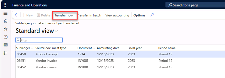 Subledger journal entries page not yet transferred with the Transfer now menu expanded.