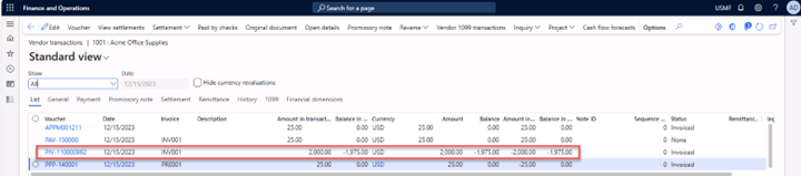 All transactions page of Vendor displayed to check whether the prepayment has been deducted from the invoice.