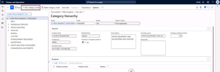 Procurement categories page with the menu New category node to create a Prepayment category node.