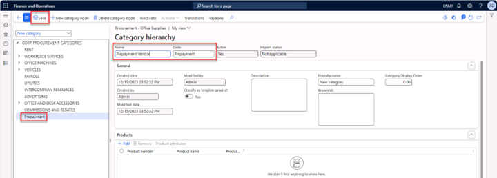 Procurement categories page with the menu Save to save the new Prepayment category node.