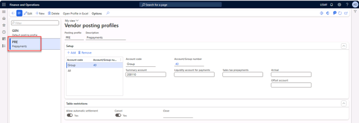 Vendor posting profile page with the Prepayment posting profile selected.