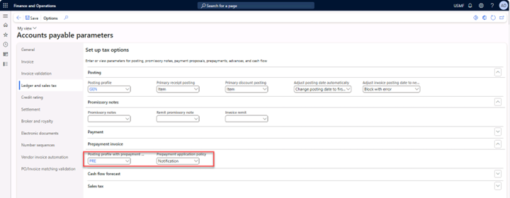 Accounts payable parameters page, FastTab Ledger and sales tax expanded to fill in the Posting profile with prepayment fields.