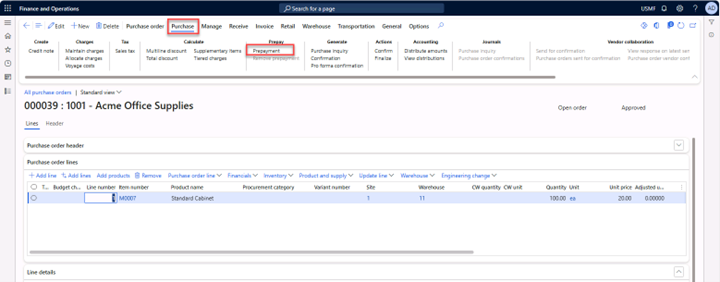 All purchase orders page displaying the Purchase tab with Prepayment selected to add a prepayment for an existing purchase order.