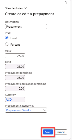 Pop-up screen for creating the prepayment. The Save button is activated.