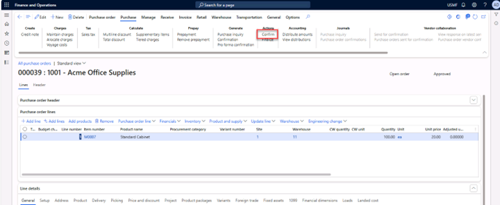 All purchase orders page with the Purchase tab displayed and Confirm selected to confirm the purchase order.