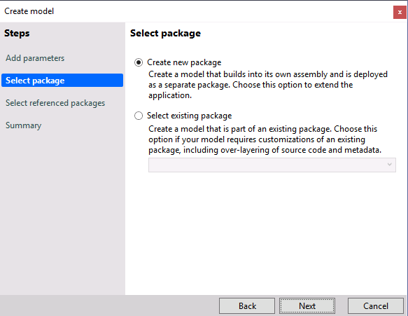 Create model, Select package