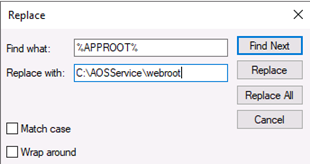 The Replace with option in which you enter C:\AOSService\webroot.