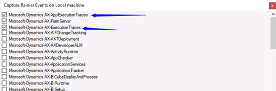 Dialog box with the XppExecutionTraces, FormServer, and ExecutionTraces checked