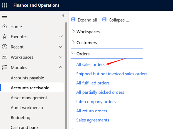 Screen capture that shows the All sales orders option in Accounts receivable.