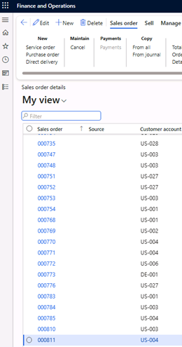 The My view list in Sales order details, which enables you to review the various orders associated with your account.