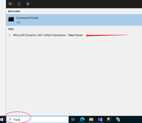 A screenshot of finding Trace Parser in Start menu.