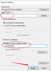 Screen capture that shows the Register database window with the Server name, Select or enter a database name, and Register options highlighted with arrows.