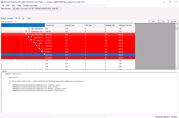 A screenshot of Call Tree and most expensive code (in ms)