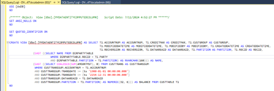 The query editor window with code for creating a data entity view.