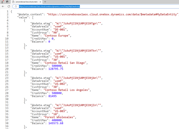 A screenshot of the OData view of the data entity.