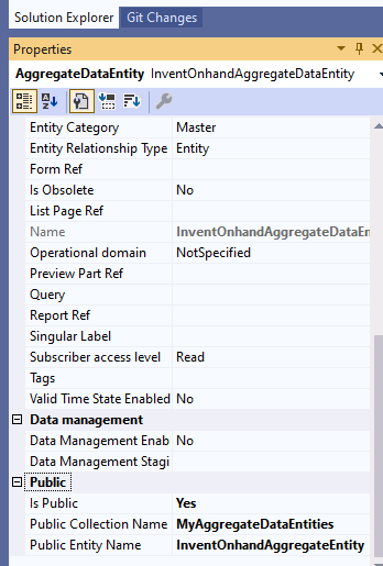A screenshot with Is Public and names set on the aggregated data entity.