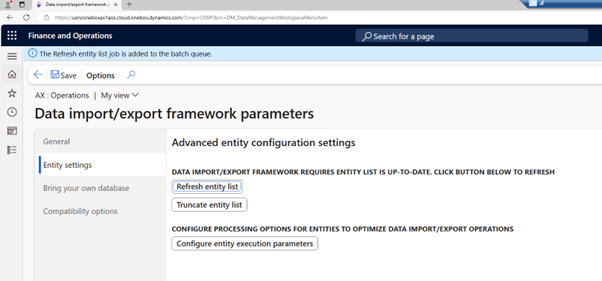 A screenshot of Data import/export framework parameters where we find the Refresh entity list bottom.