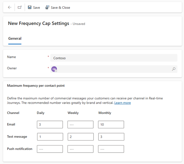 Screenshot of the frequency cap settings, with Email set to Daily 3 and Monthly 10, text message set to Daily 1, Weekly 2, and Monthly 3. Nothing is set for push notification.
