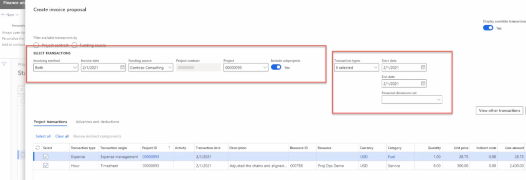 Capture d’écran du volet Créer une proposition de facture où la section de sélection des transactions est mise en surbrillance