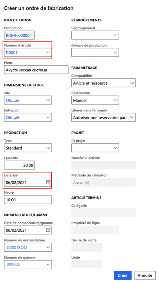 Capture d’écran montrant le volet Créer un ordre de fabrication complet