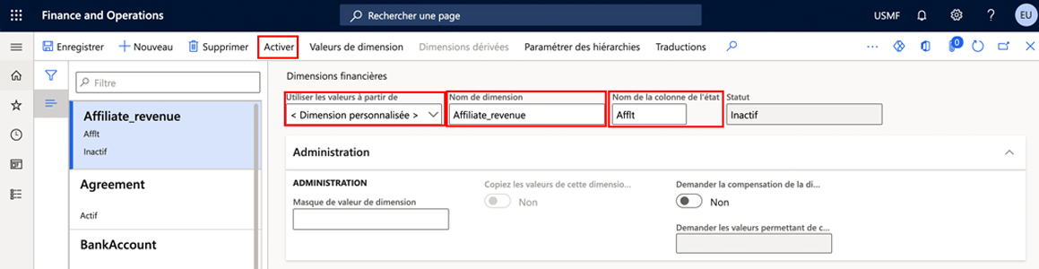 Capture d’écran affichant la nouvelle dimension financière personnalisée avec le menu Utiliser les valeurs à partir de, Nom de dimension, Nom de la colonne de l’état et Activer en surbrillance