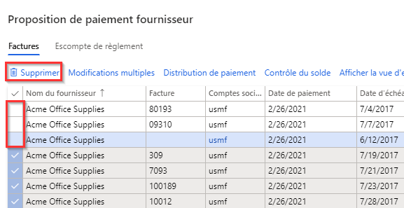 Capture d’écran de la page Proposition de paiement fournisseur avec des articles sélectionnés et l’option de suppression en surbrillance dans le menu