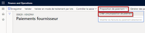 Capture d’écran présentant la page de paiement fournisseur avec Proposition de paiement et Créer une proposition de paiement en surbrillance