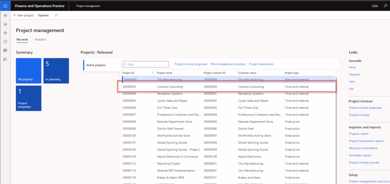 Screenshot dell'area di lavoro della gestione dei progetti con Contoso Consulting evidenziato nella tabella dei progetti attivi.