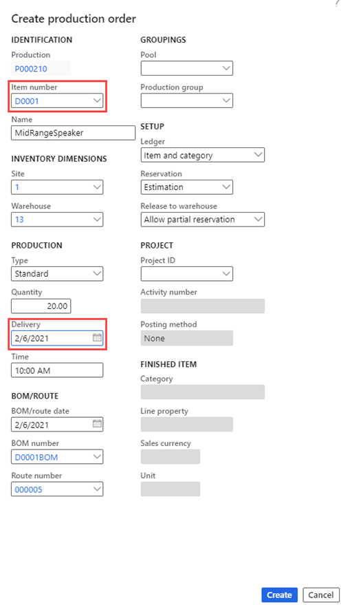 Screenshot che illustra la pagina Crea ordine di produzione. I campi Numero di articolo e Consegna sono evidenziati.