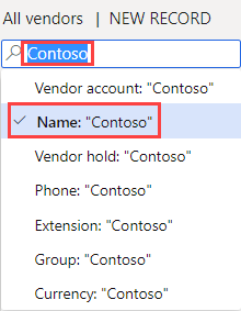 Contoso の検索に使用されるフィルターのスクリーンショット