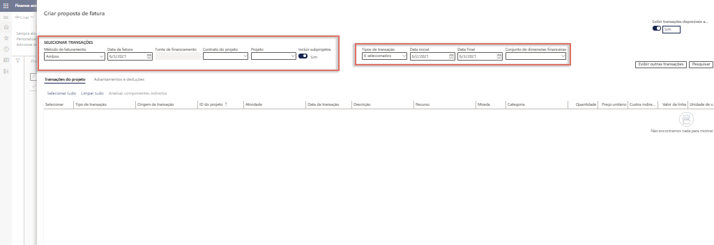 Uma captura de tela do painel criar proposta de fatura com a seção selecionar transações realçada.