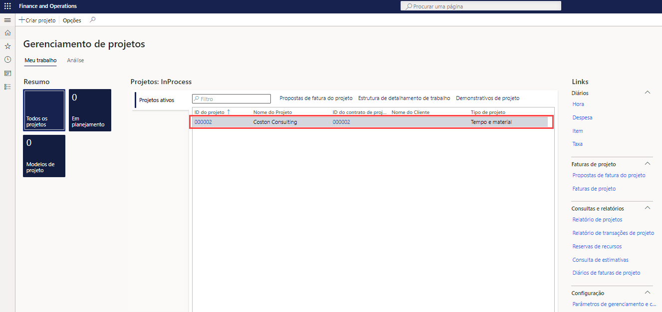 Uma captura de tela do workspace de gerenciamento do projeto com a Contoso Consulting realçada na tabela Projetos ativos.