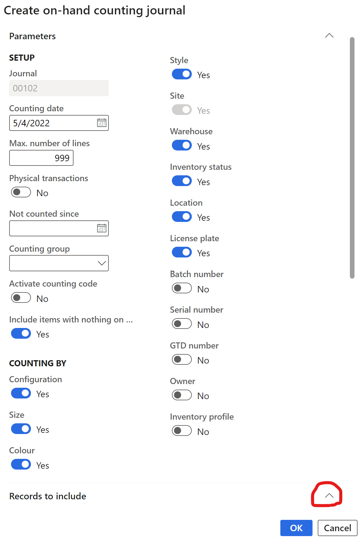 Captura de tela do painel de diálogo Criar diário de contagem de itens disponíveis com os campos definidos conforme descrito.