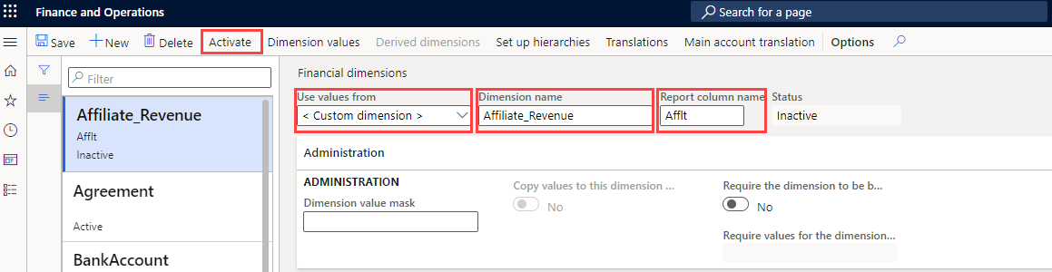 Captura de tela exibindo a nova dimensão financeira personalizada com as opções Usar valores de, Nome da dimensão, Nome da coluna de relatório e o menu Ativar em destaque