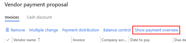 Imagem exibindo a Proposta de pagamentos de fornecedor com o menu Mostrar visão geral do pagamento em destaque