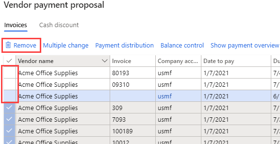 Captura de tela exibindo a página Proposta de pagamento de fornecedor com os itens selecionados e a opção de menu Remover em destaque