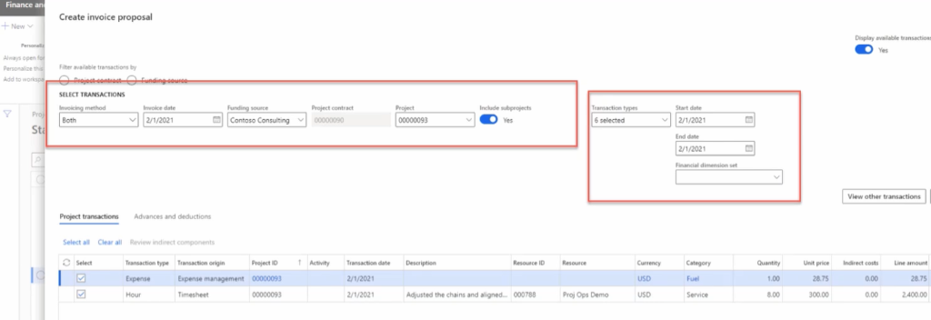 A screenshot of the create invoice proposal pane with the select transactions section highlighted.