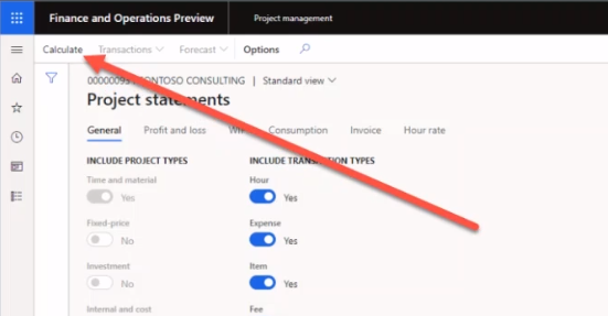 A screenshot of the project statements page with the calculate option highlighted.