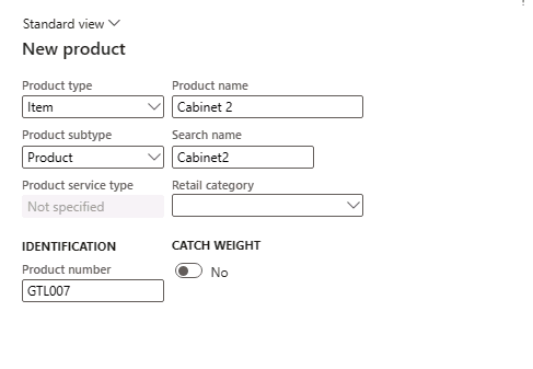 Screenshot depicts the standard view of the new product creation page.