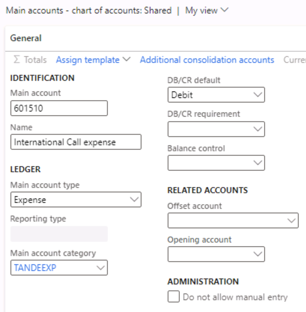 Screenshot depicts Main accounts - chart of accounts: Shared page where different values need to be added.
