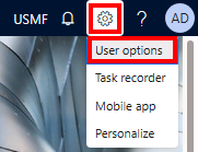 Screenshot of the Settings icon and User options dropdown list.