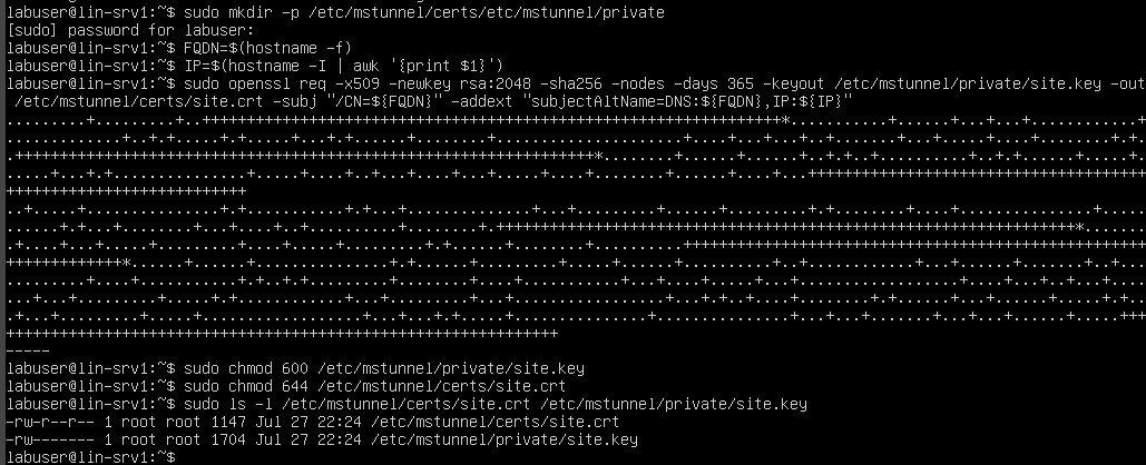 Screenshot of the LIN-SRV1 Linux terminal showing the openssl command generating the self-signed TLS certificate and private key for Microsoft Tunnel.