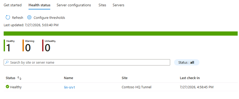 Screenshot of the Microsoft Tunnel Gateway Health status page in the Intune admin center showing LIN-SRV1 with a Healthy status.