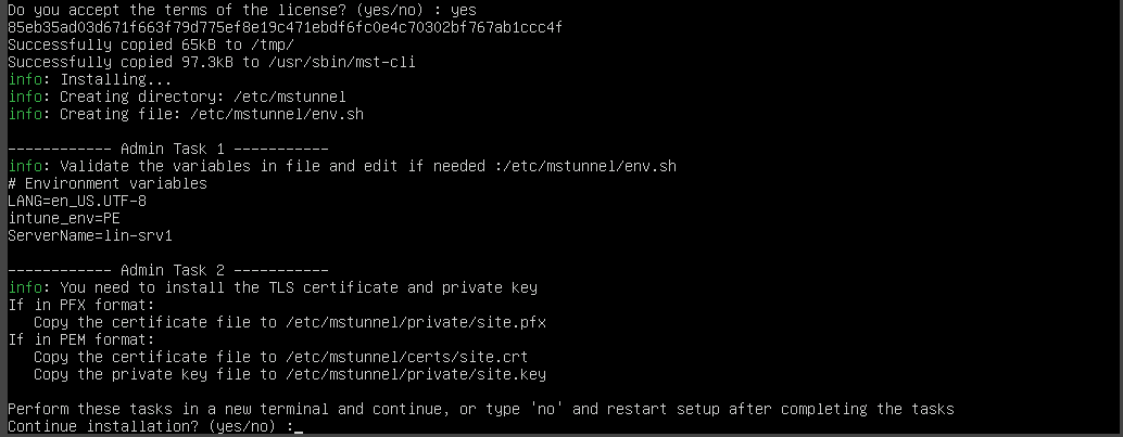 Screenshot of the LIN-SRV1 terminal displaying the Microsoft Tunnel setup Admin Tasks prompt for installing the TLS certificate.