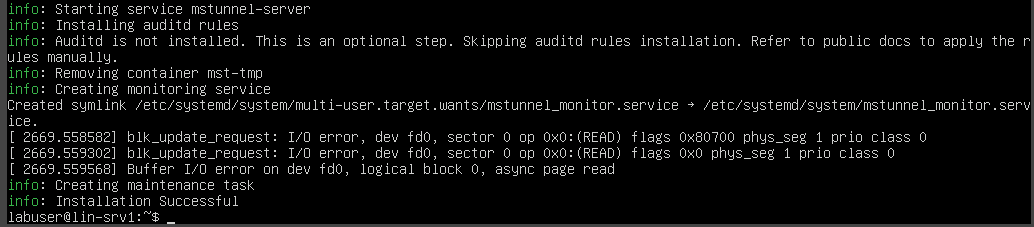 Screenshot of the LIN-SRV1 terminal showing the Microsoft Tunnel installation completing successfully with the server and agent running.