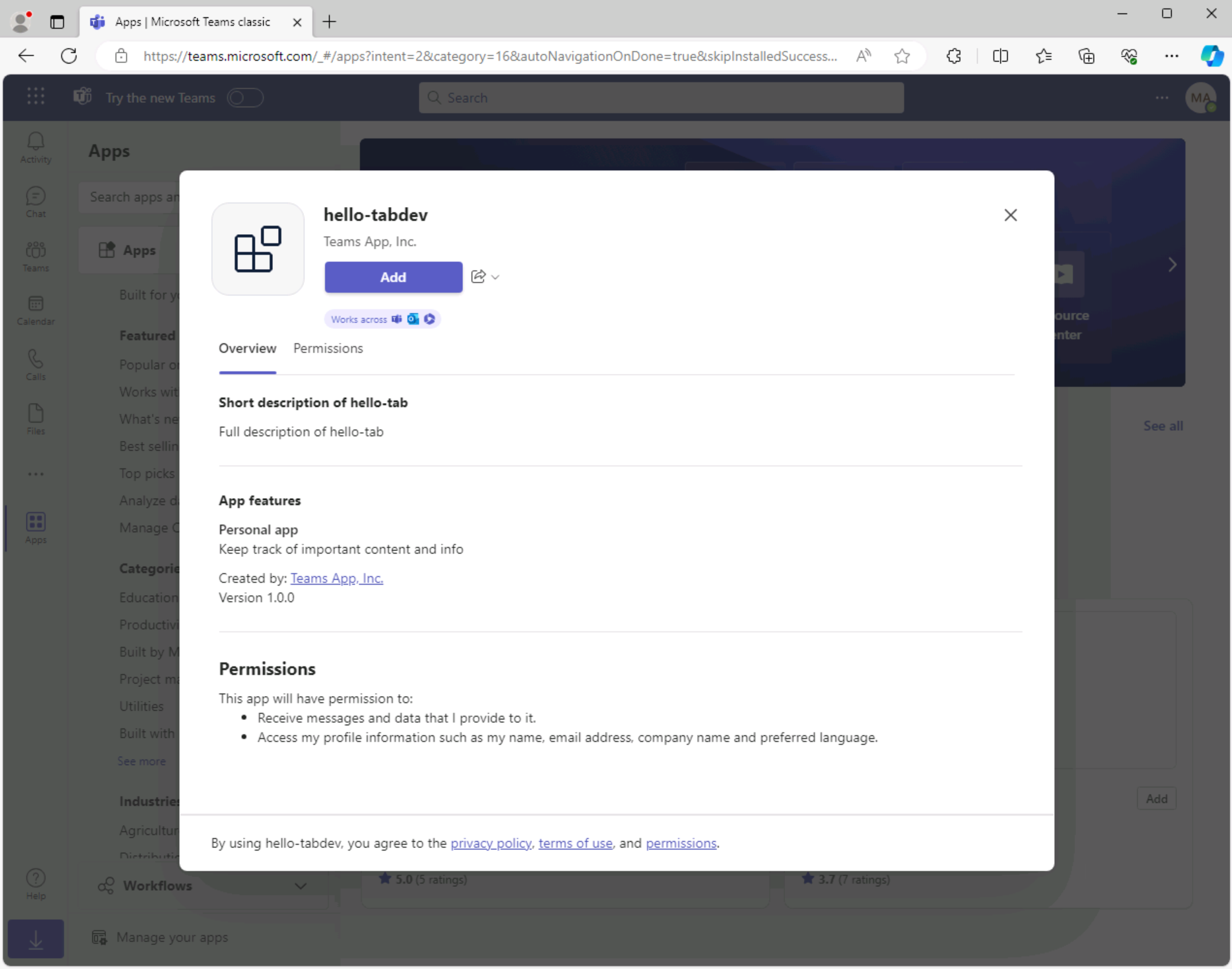 Screenshot that shows adding an app in Microsoft Teams.